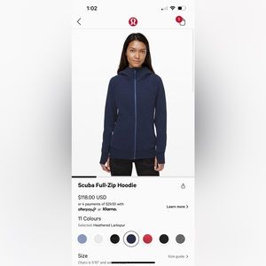 Lululemon Scuba Full Zip Hoodie, Navy Blue, size 8